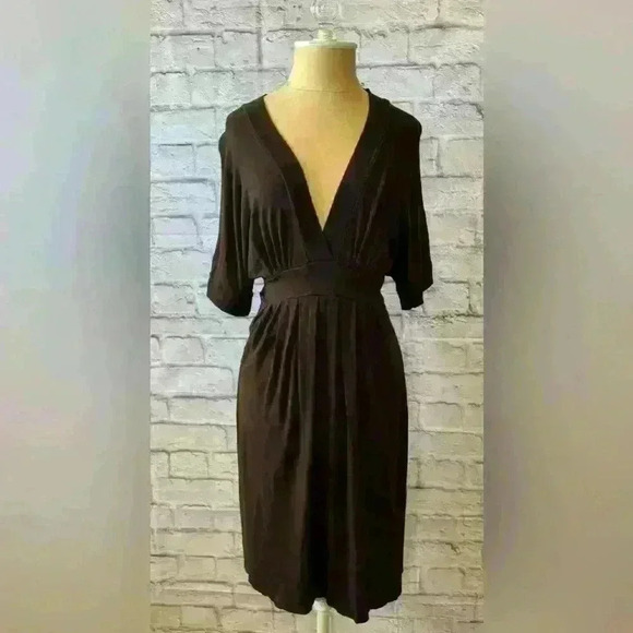 Karen Kane Small Brown Empire Tie Waist Jersey Dress Short Sleeve Knee Length - Picture 8 of 10